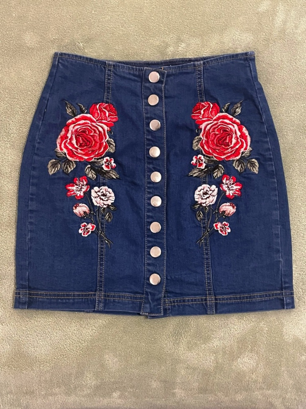 PacSun Dark Blue Denim Mini Skirt with Red Rose Embroidery